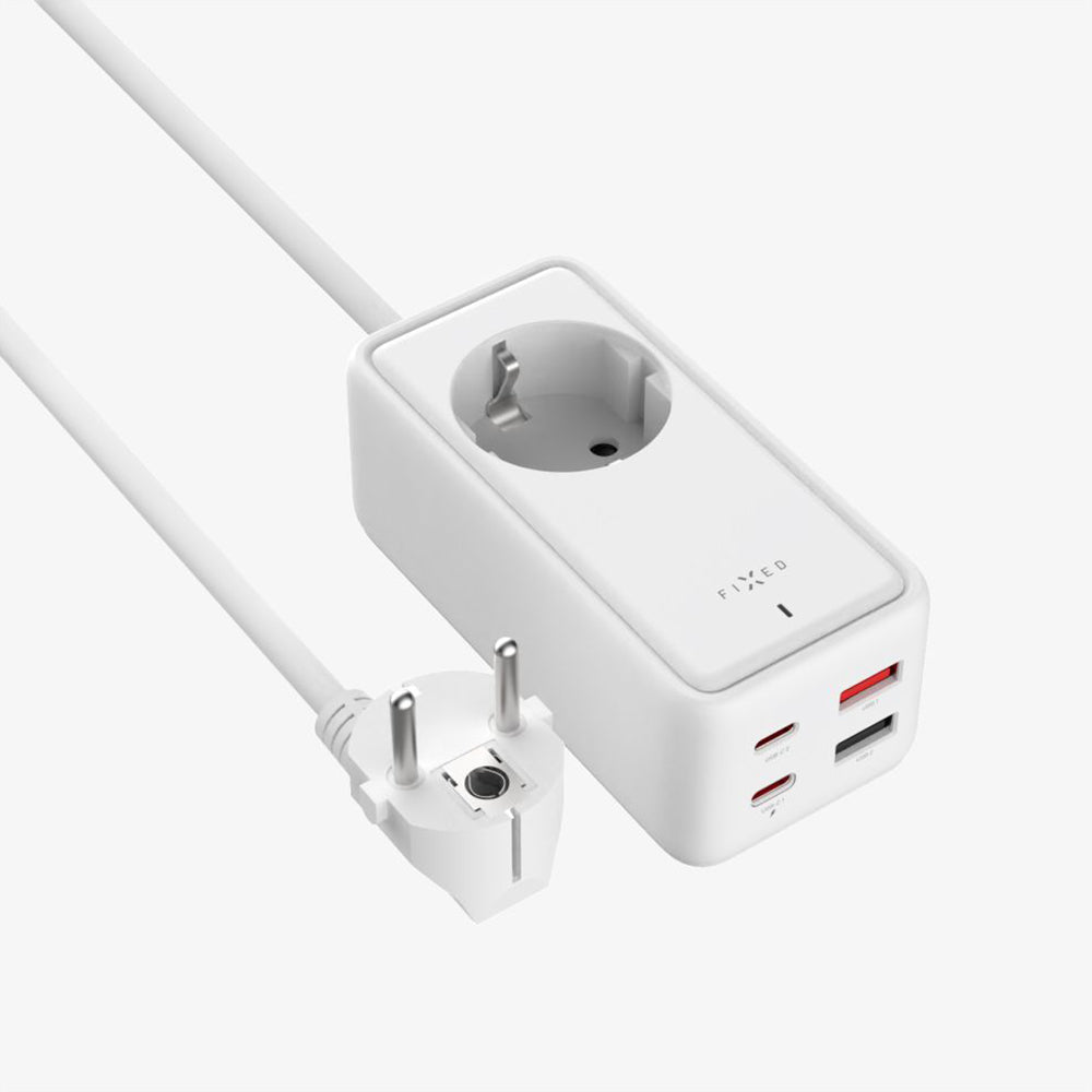Prodlužovací kabel Fixed, 1 x Schuko - 2 x USB-A - 2 x USB-C, bílý