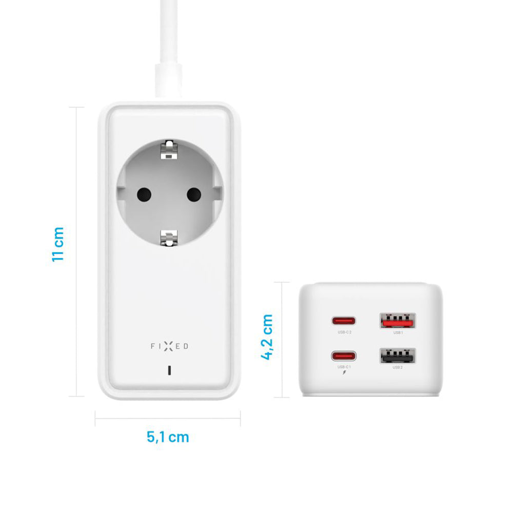 Prodlužovací kabel Fixed, 1 x Schuko - 2 x USB-A - 2 x USB-C, bílý