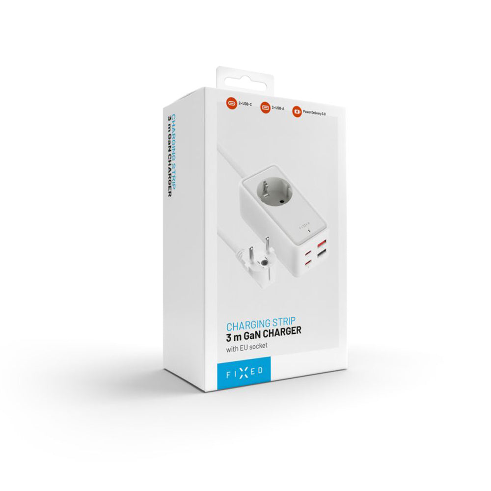 Prodlužovací kabel Fixed, 1 x Schuko - 2 x USB-A - 2 x USB-C, bílý