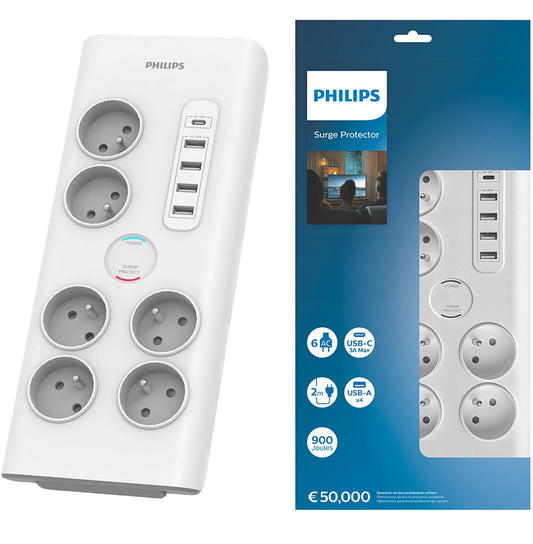 Síťová nabíječka Philips, 4 x USB-A - 1 x USB-C - 6 x Schuko, bílá PHIL-SPN7060WA/60