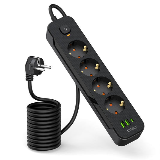 Síťová nabíječka Tech-Protect PCL4X3, 2 x USB-A - 1 x USB-C - 4 x Schuko, černá