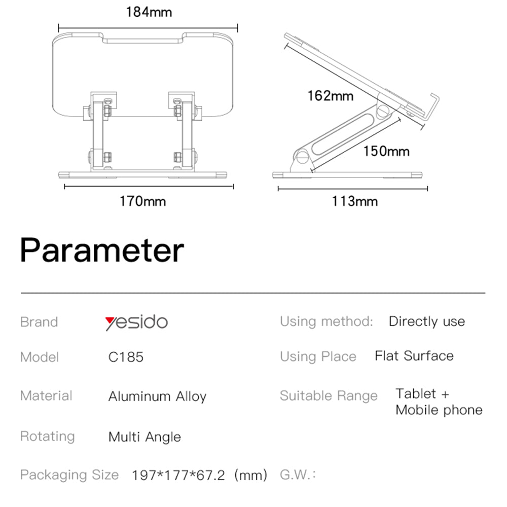 Stojan na stůl Yesido C185 pro telefon / tablet, 4,5 palce - 13 palců, stříbrný