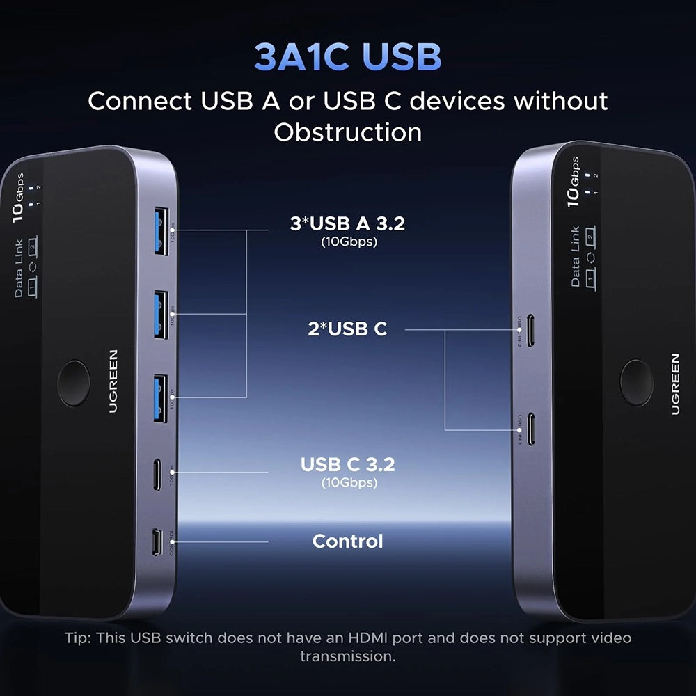 Switch USB UGREEN CM691 (45784), 3 x USB-A 3.2 - 1 x USB-C - 1 x miniUSB, černý