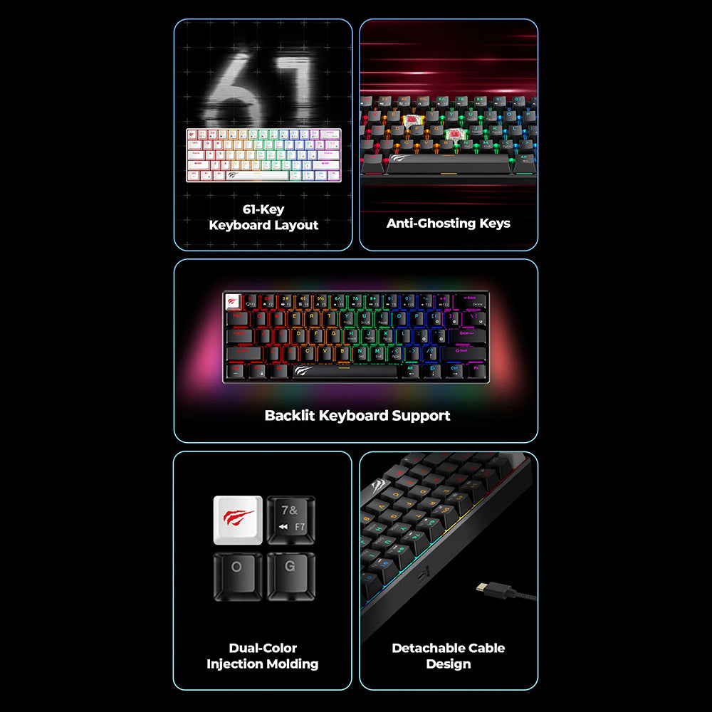 Herní klávesnice s kabelem USB HAVIT KB903L, RGB, 1,8 m, průhledná bílá