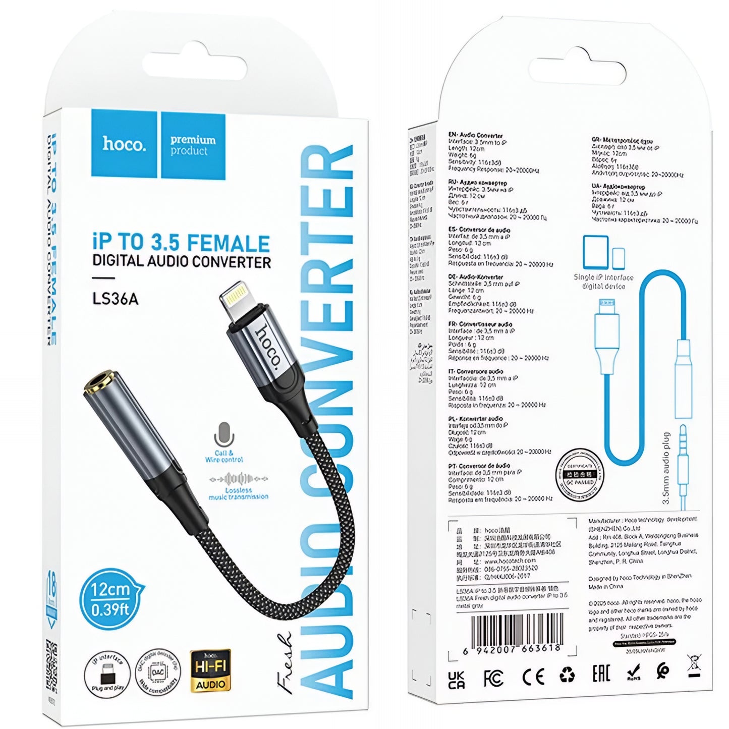 Audio adaptér Lightning - 3.5mm HOCO LS36A, Šedý