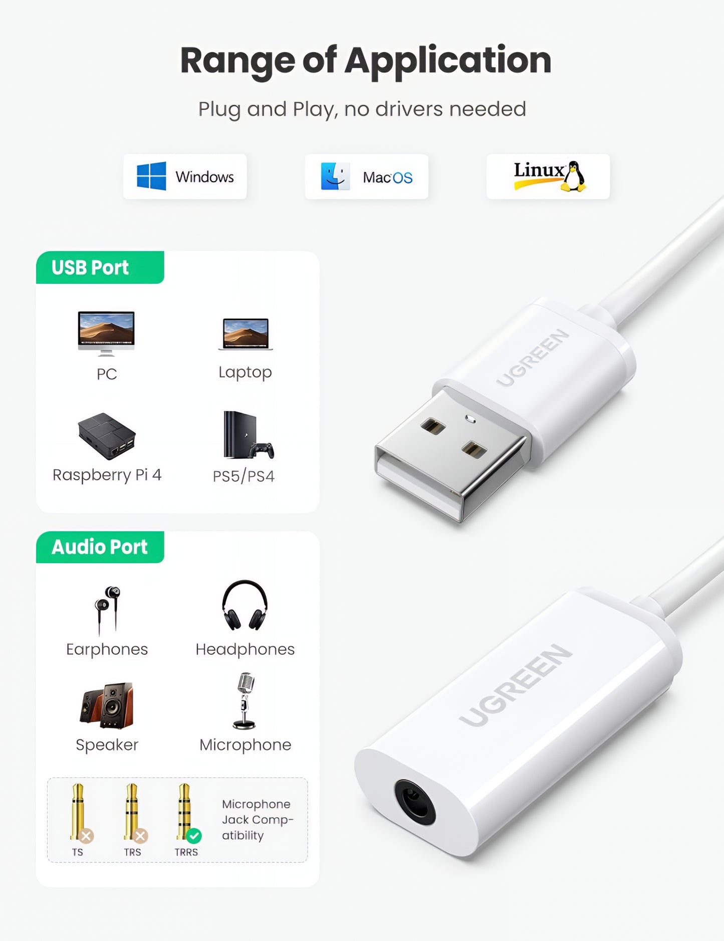 UGREEN US206 Audio Adapter, USB-A - 3.5mm, White