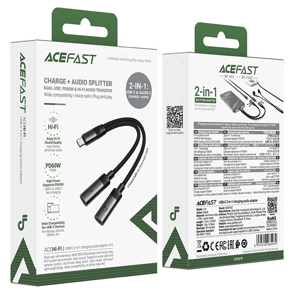 USB-C Audio Adapter - 2 x USB-C Acefast J14, Black