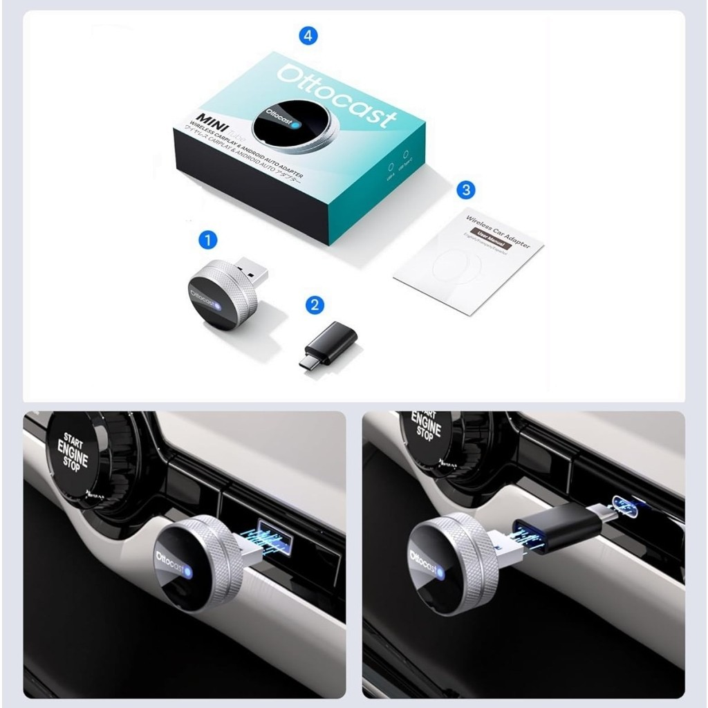 Bezdrátový adaptér Carplay / Android Auto Ottocast Mini Slim Tube pro Apple iPhone / Android Series CP88-T4
