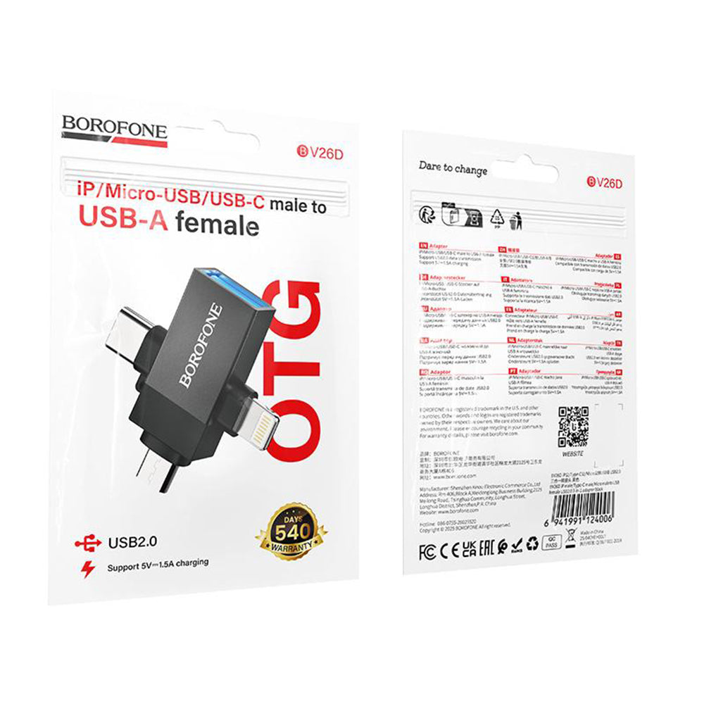 Adaptér OTG Lightning / microUSB / USB-C - USB-A Borofone BV26D, černý