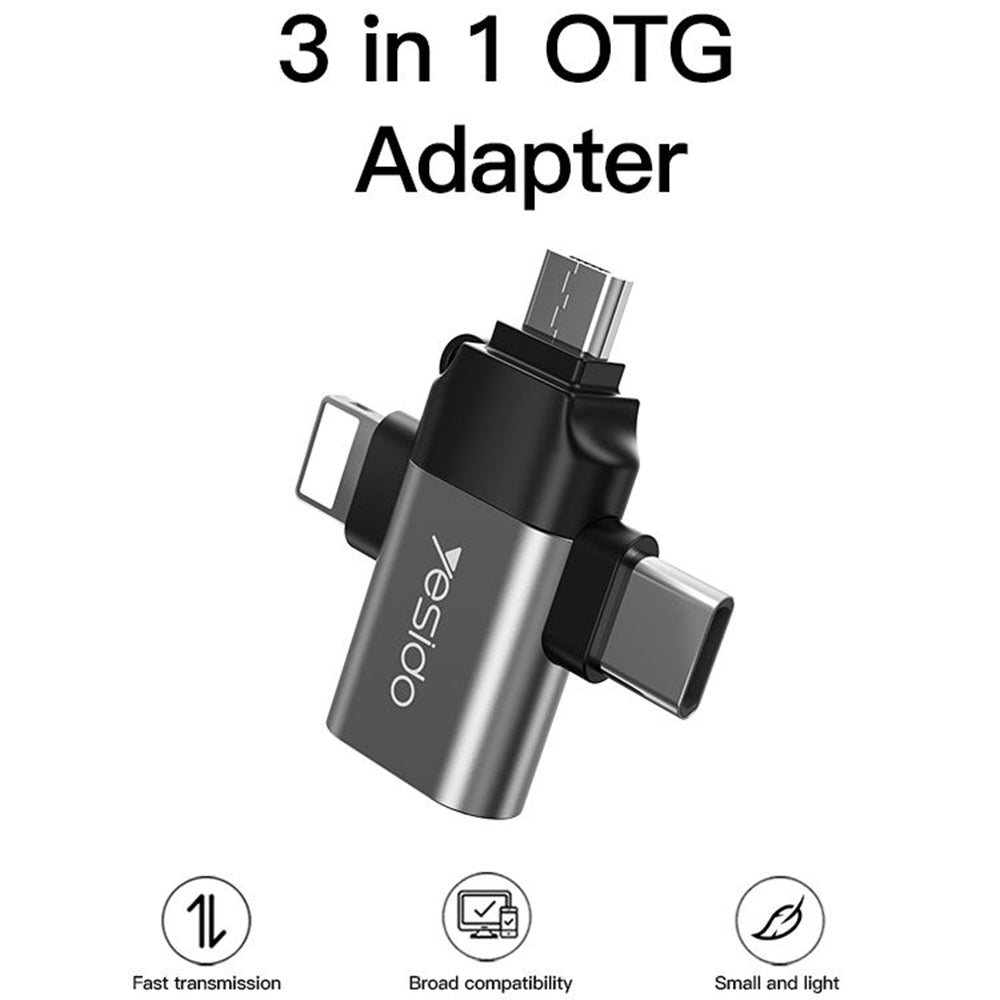 Adaptér OTG Lightning / microUSB / USB-C - USB-A Yesido GS15, Černý