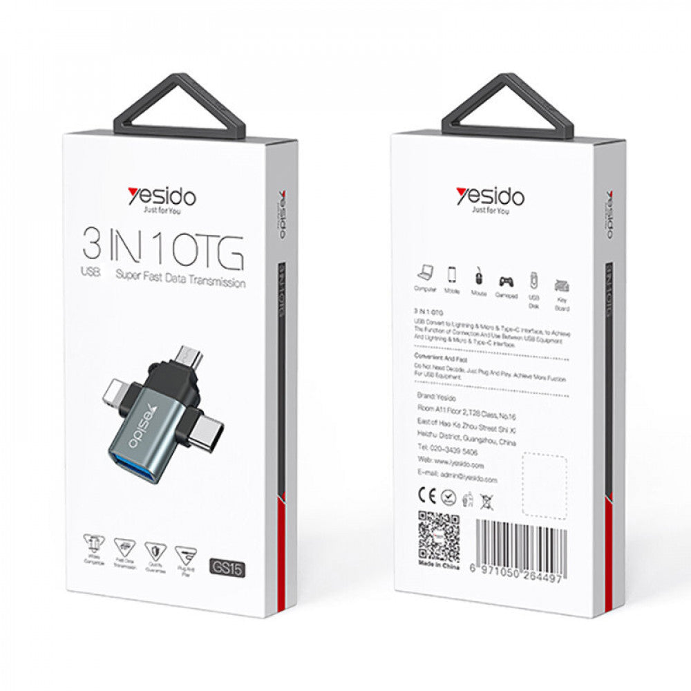 Adaptér OTG Lightning / microUSB / USB-C - USB-A Yesido GS15, Černý