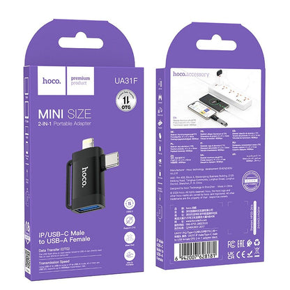 Adaptér OTG USB-C / Lightning - USB-A HOCO UA31F, Černý