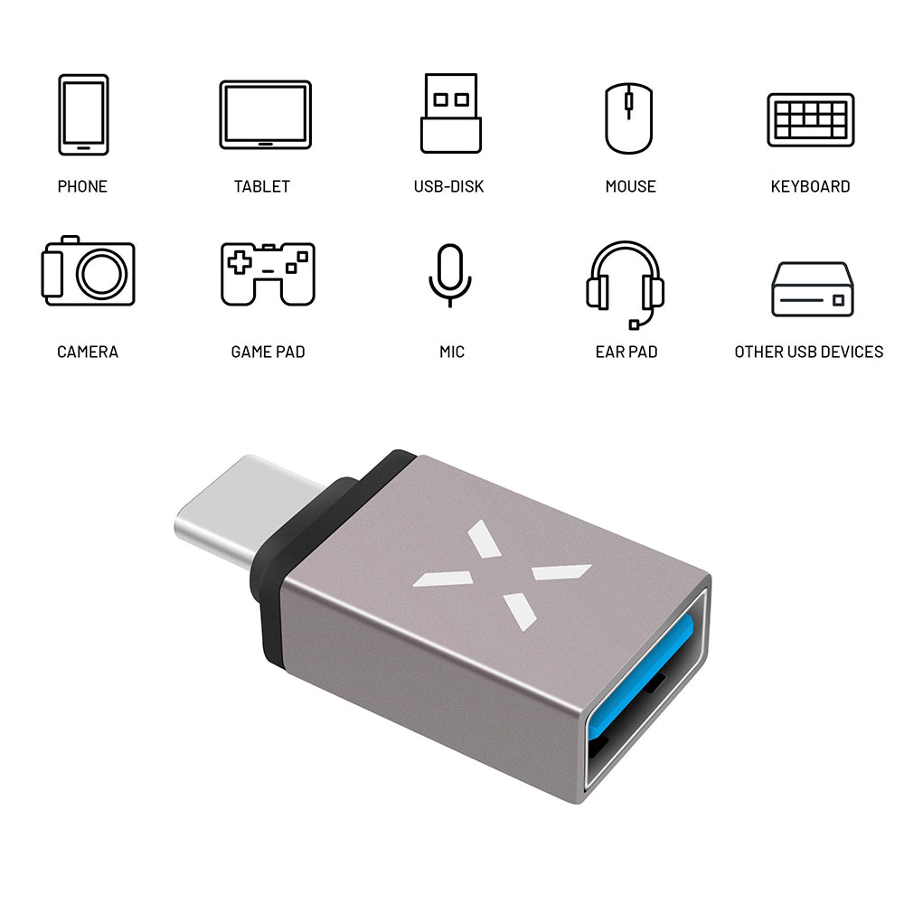 OTG USB-C to USB-A Fixed Adapter, Gray