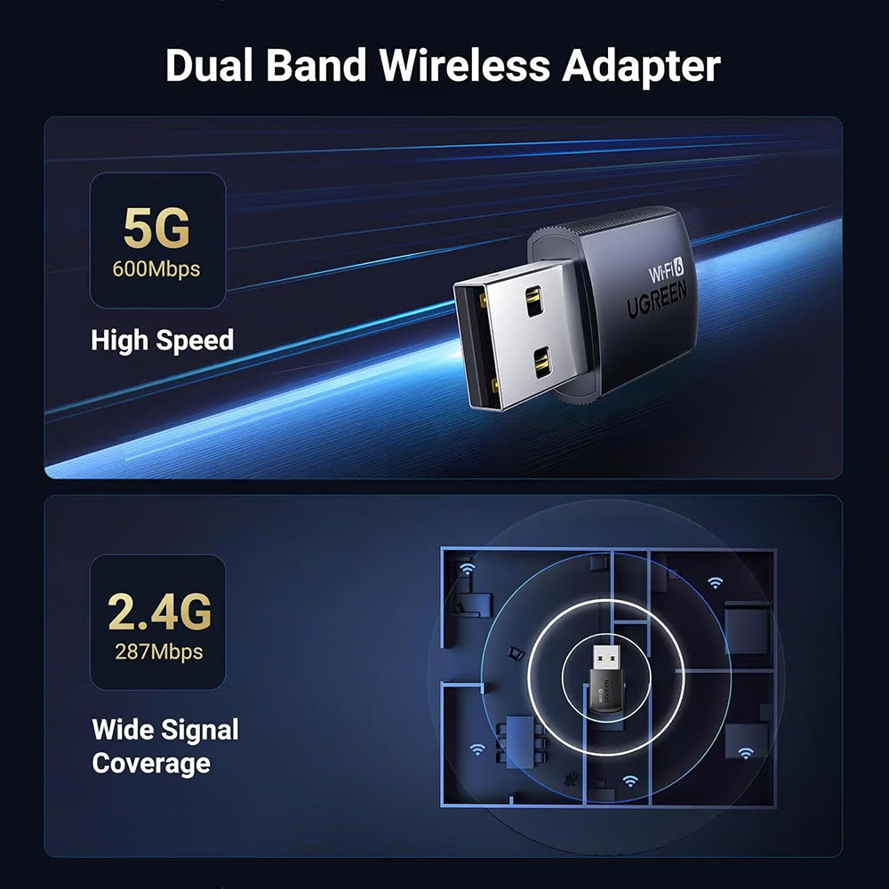 Bezdrátový adaptér UGREEN CM762 (35264), Dual Band, Wi-Fi 6, 600Mbps, Černý
