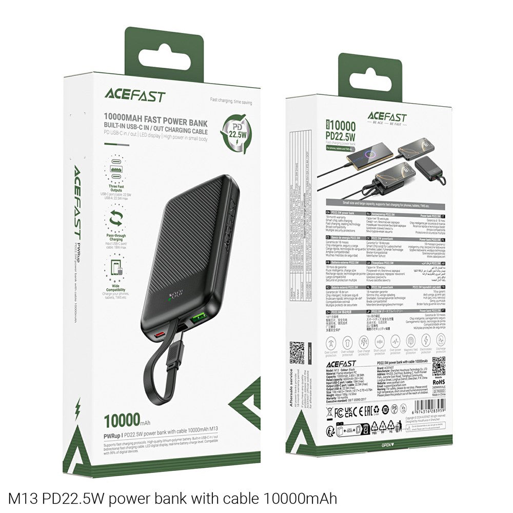Externí baterie Acefast M13, 10000mAh, 22.5W, QC + PD, 1 x USB-A - 2 x USB-C, černá