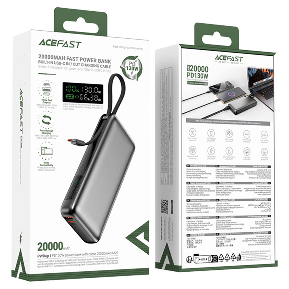 Externí baterie Acefast M22, 20000mAh, 130W, QC + PD, 1 x USB-A - 2 x USB-C, Černá