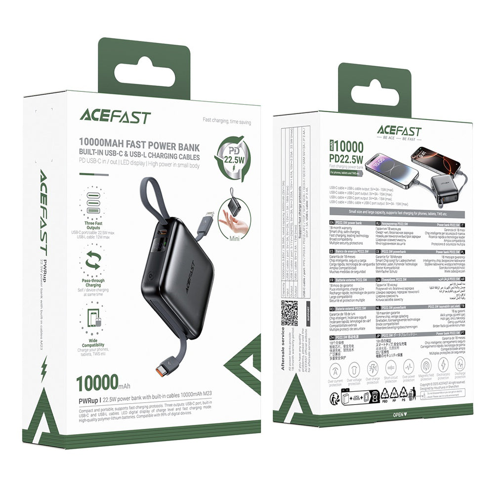 Externí baterie Acefast M23, 10000mAh, 22.5W, QC + PD, 1 x Lightning - 2 x USB-C, šedá