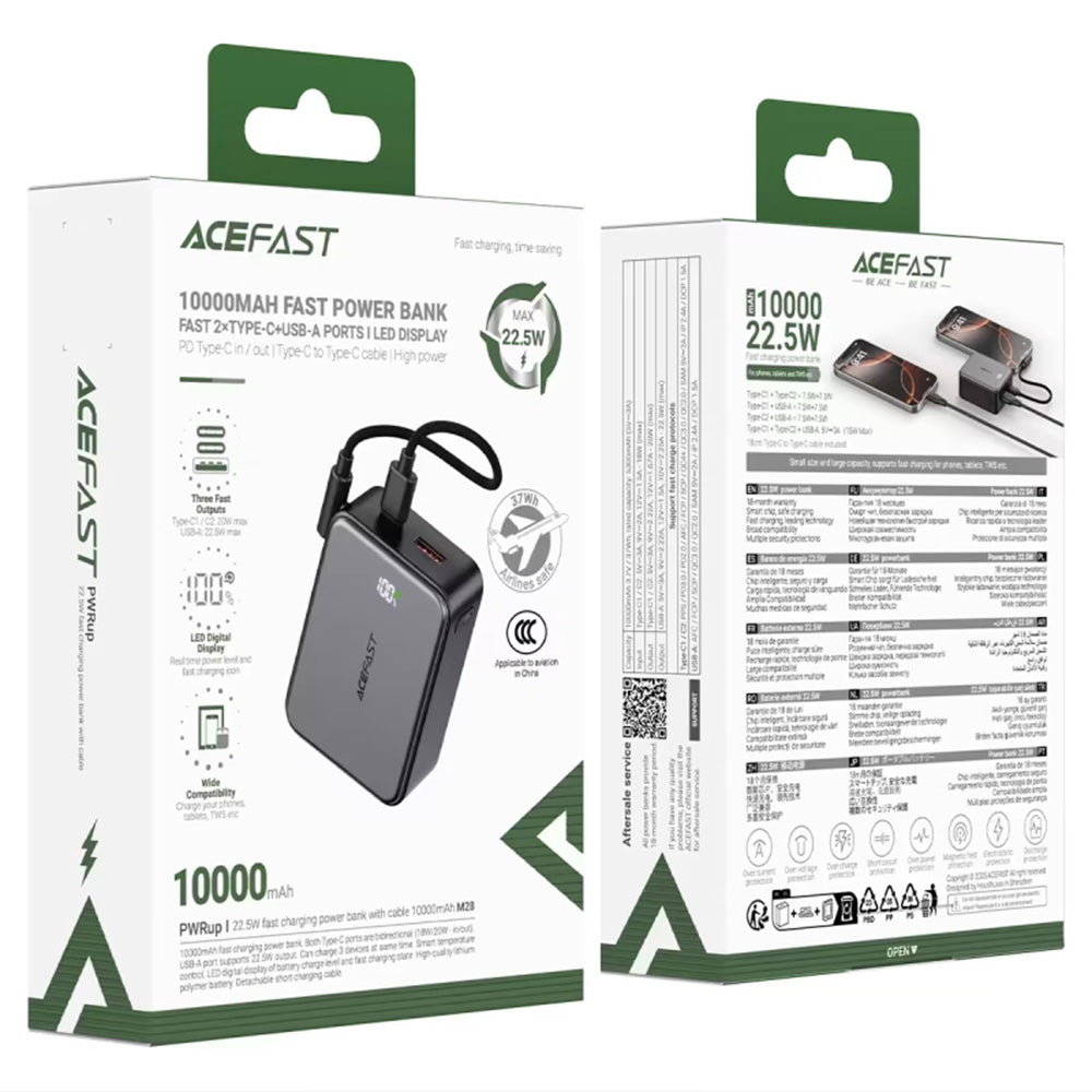 Externí baterie Acefast M28, 10000mAh, 22.5W, QC + PD, 1 x USB-A - 2 x USB-C, černá