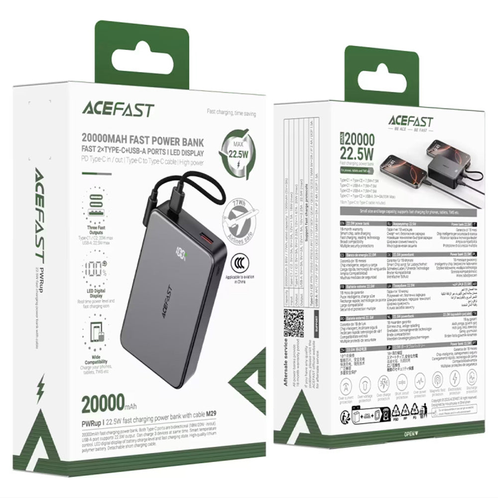 Externí baterie Acefast M29, 20000mAh, 22.5W, QC + PD, 1 x USB-A - 2 x USB-C, Černá