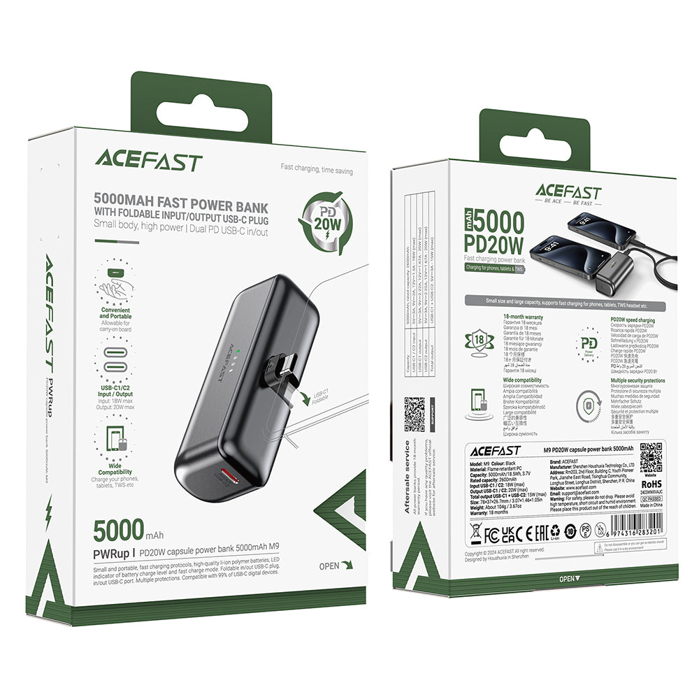 Externí baterie Acefast M9, 5000mAh, 20W, PD, 2 x USB-C, černá