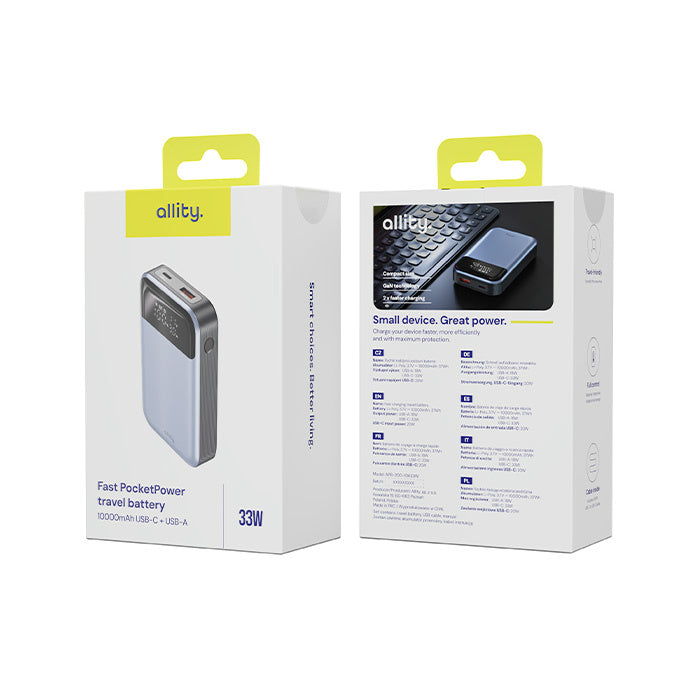 Externí baterie Allity. APB-200 PocketPower, 10000mAh, 33W, QC + PD, 1 x USB-A - 1 x USB-C, Šedá