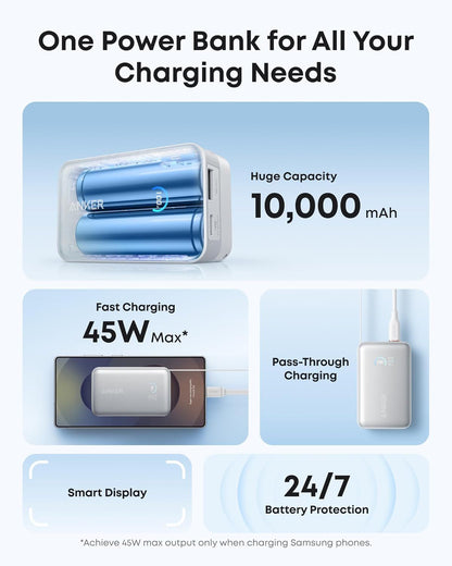 Externí baterie Anker Nano, 10000mAh, 45W, QC + PD, 1 x USB-A - 1 x USB-C, Bílá A1638H21