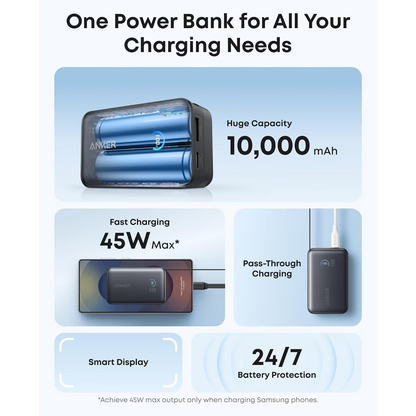 Externí baterie Anker Nano, 10000mAh, 45W, QC + PD, 1 x USB-A - 1 x USB-C, Černá A1638H11