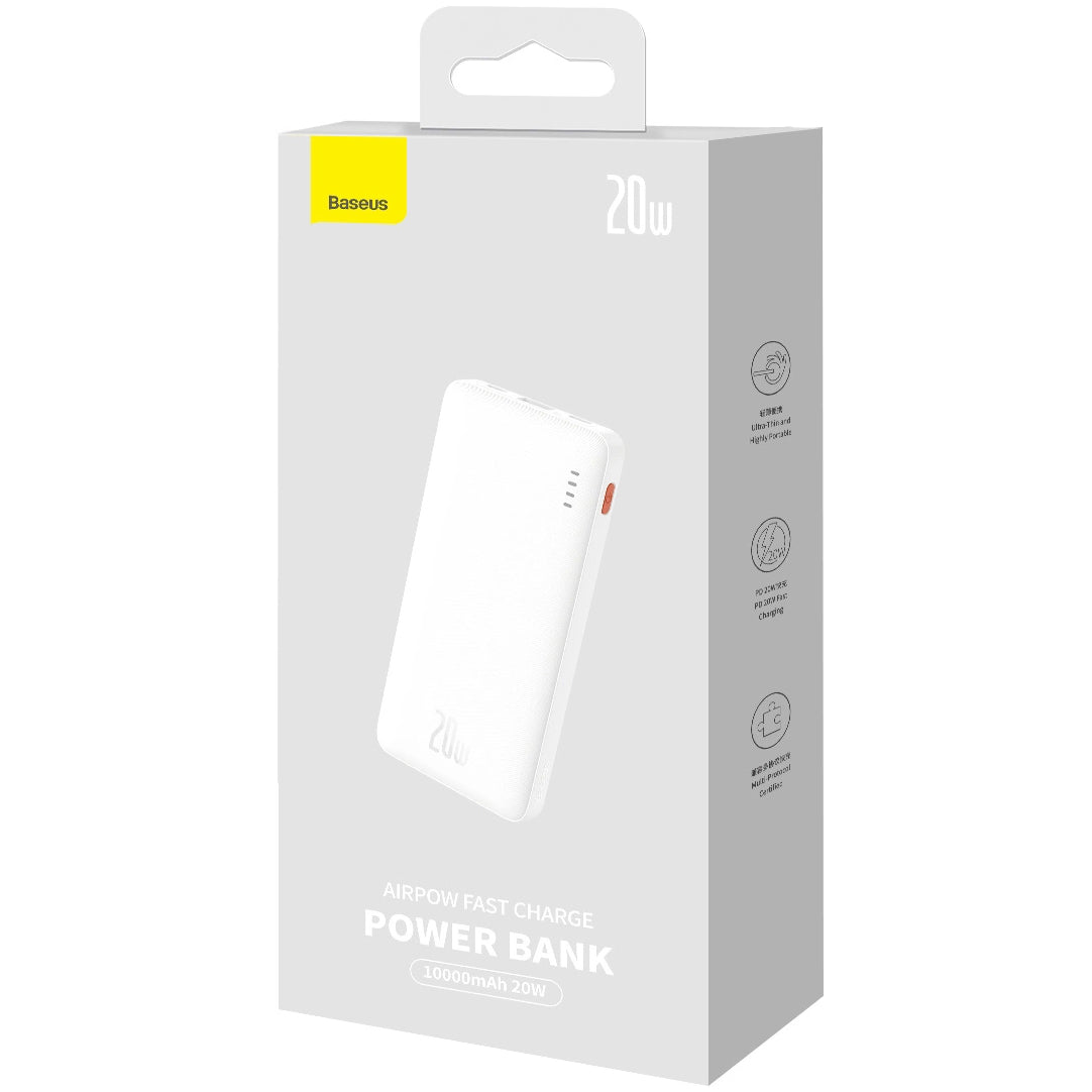 Externí baterie Baseus Airpow, 10000mAh, 20W, QC + PD, 1 x USB-A - 1 x USB-C, bílá