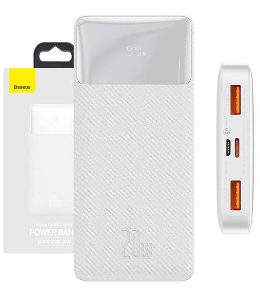Externí baterie Baseus Bipow, 10000mAh, 20W, QC + PD, 1 x USB-C - 2 x USB-A, Bílá PPBD050502