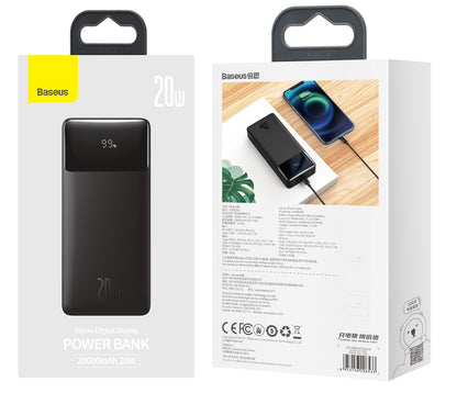Baseus Bipow External Battery, 20000mAh, 20W, QC + PD, 1 x USB-C - 2 x USB-A, Black PPBD050501
