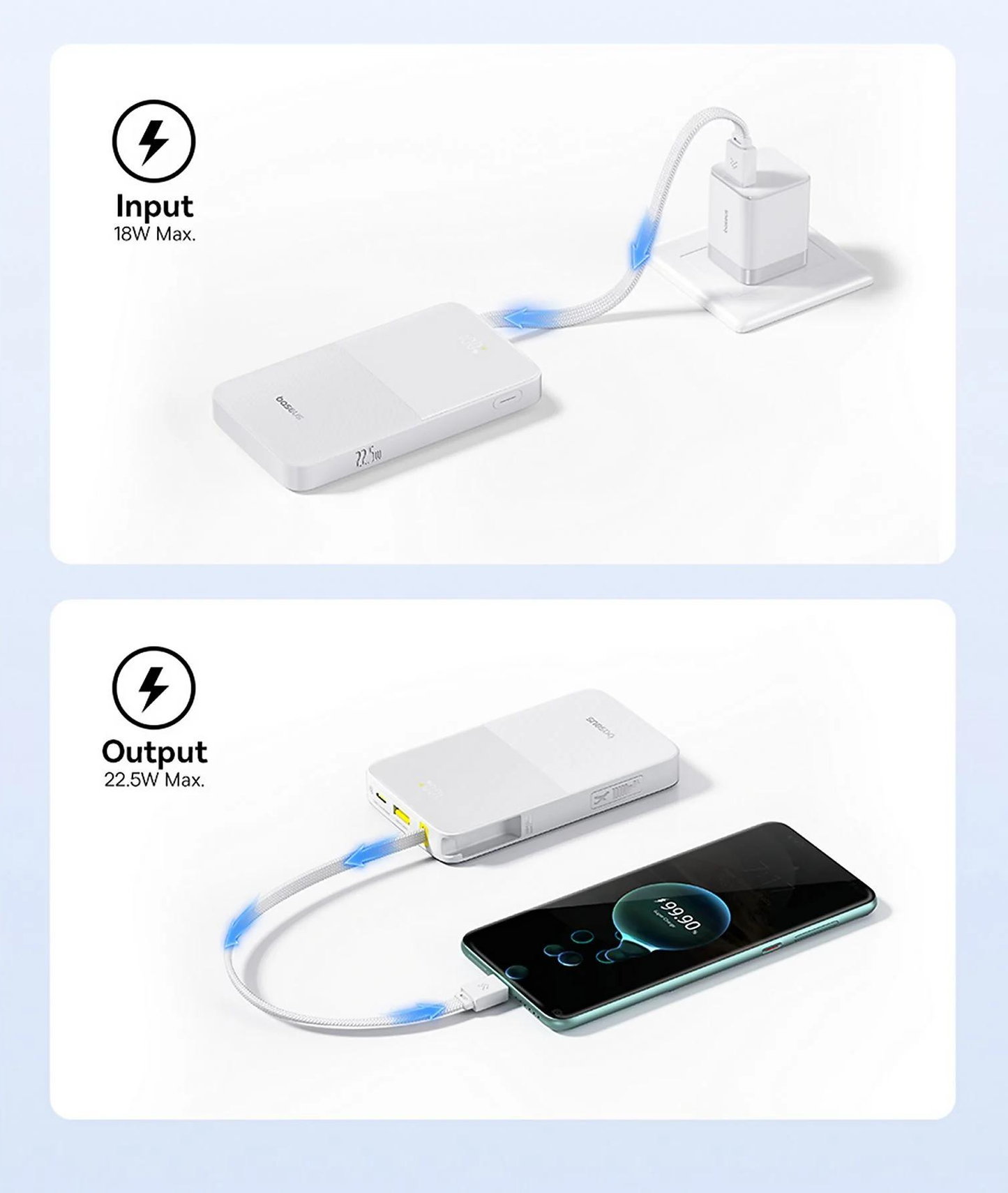 Externí baterie Baseus EnerFill Bipow2 Pro, 10000mAh, 22.5W, QC + PD, 1 x USB-A - 2 x USB-C, Bílá E0027601