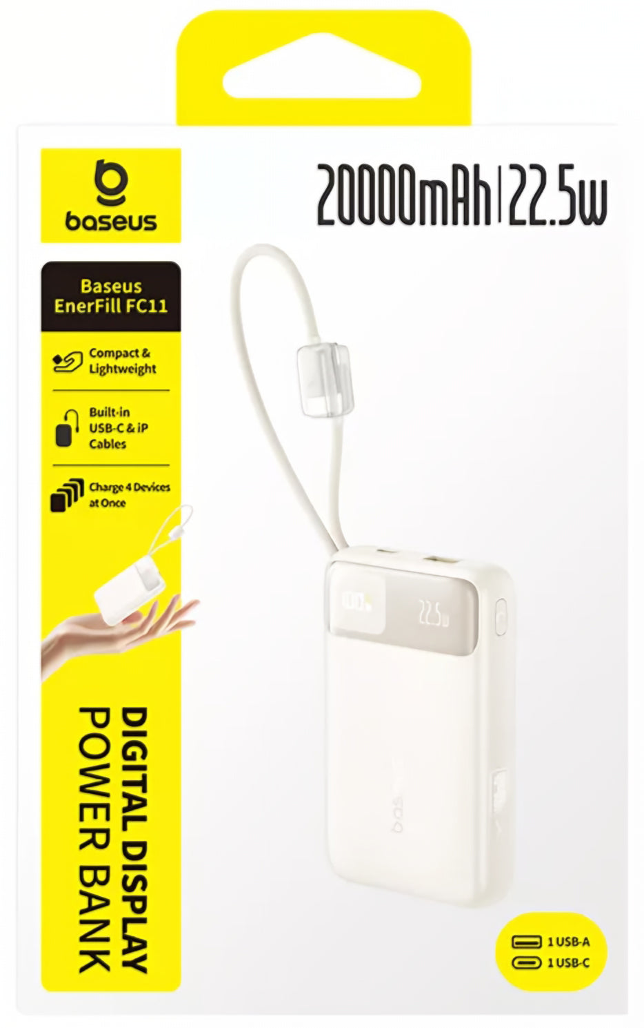 Externí baterie Baseus EnerFill FC11, 20000mAh, 22,5W, QC + PD, 1 x Lightning - 1 x USB-A - 2 x USB-C, Béžová E0027S05