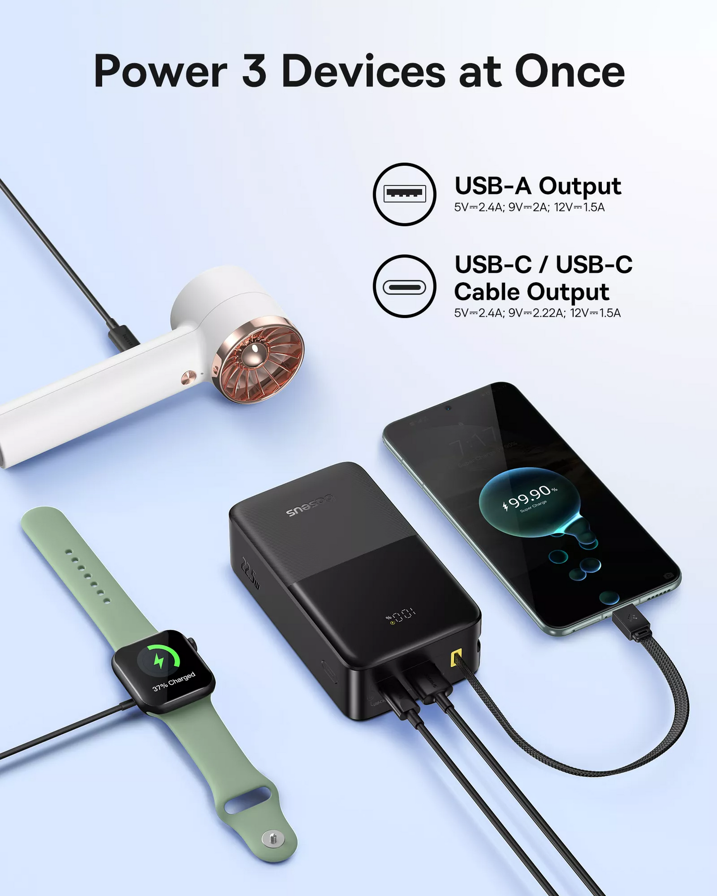 Externí baterie Baseus EnerFill Bipow2 Pro, 30000mAh, 22.5W, QC + PD, 1 x USB-A - 2 x USB-C, Černá E0028100