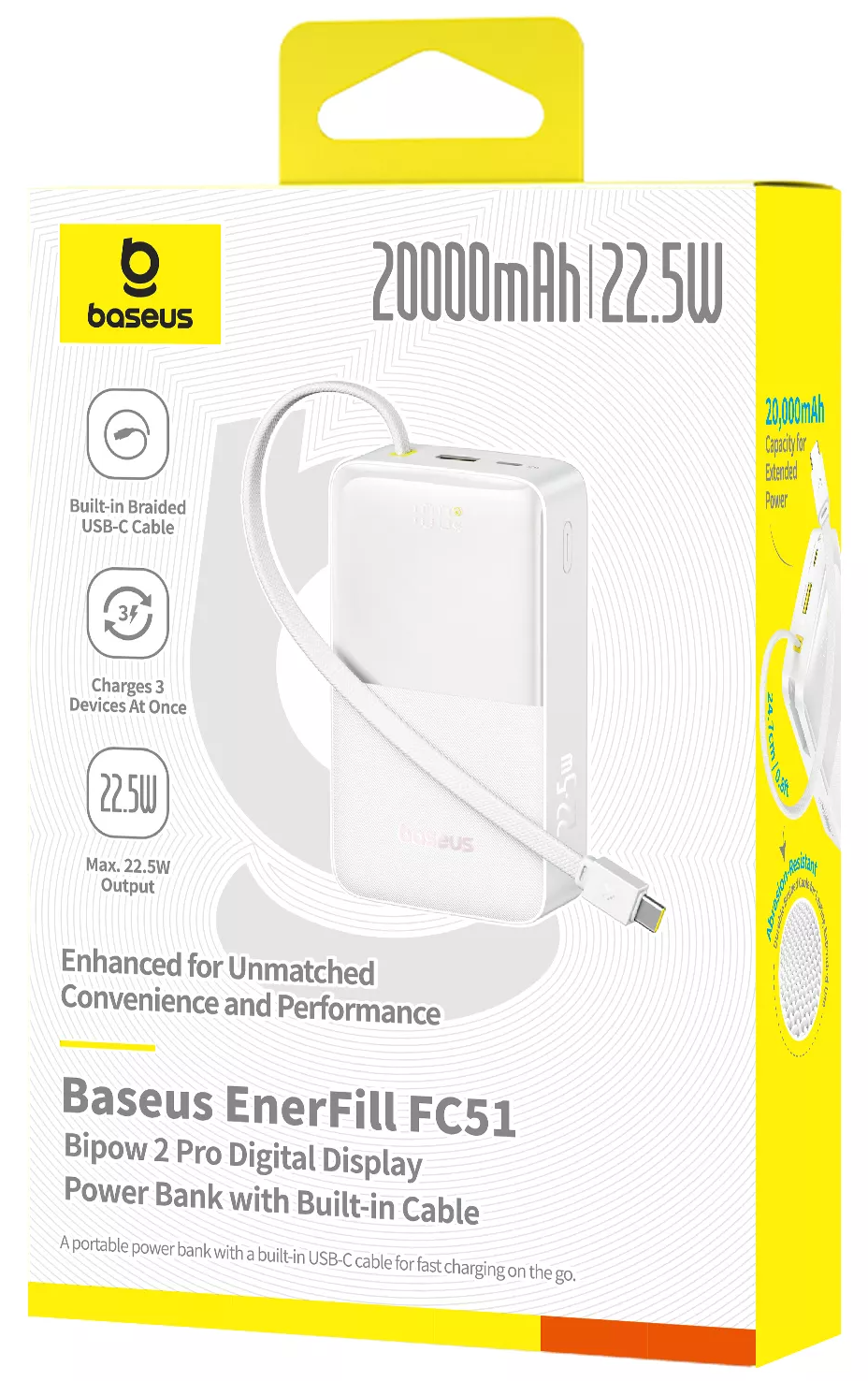 Externí baterie Baseus EnerFill Bipow2 Pro, 20000mAh, 22.5W, QC + PD, 1 x USB-A - 2 x USB-C, Bílá E0027700