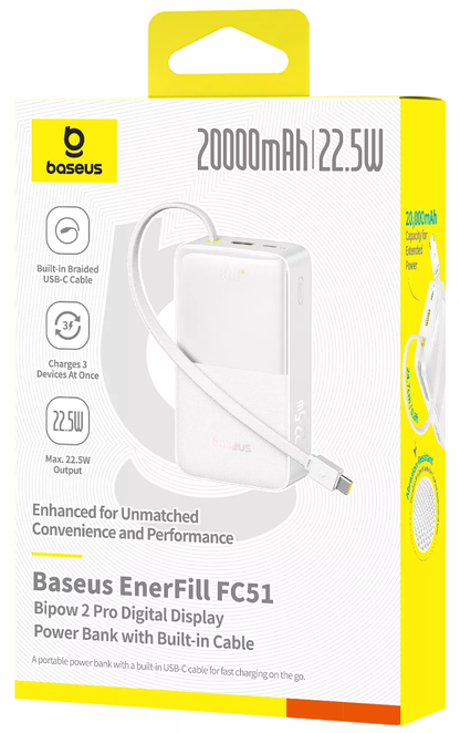 Externí baterie Baseus EnerFill Bipow2 Pro, 20000mAh, 22.5W, QC + PD, 1 x USB-A - 2 x USB-C, Bílá E0027700