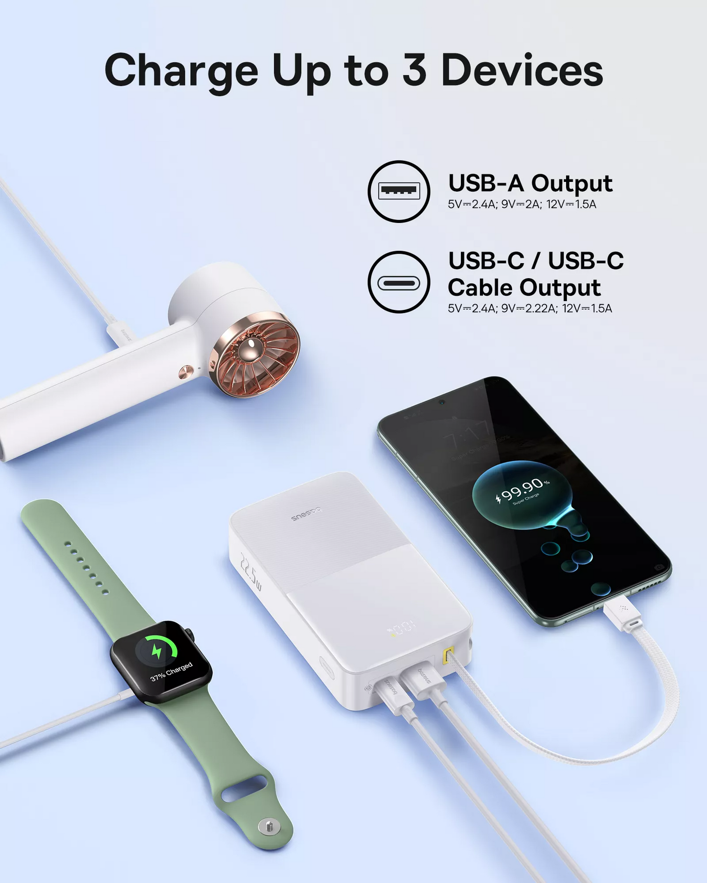 Externí baterie Baseus EnerFill Bipow2 Pro, 20000mAh, 22.5W, QC + PD, 1 x USB-A - 2 x USB-C, Bílá E0027700