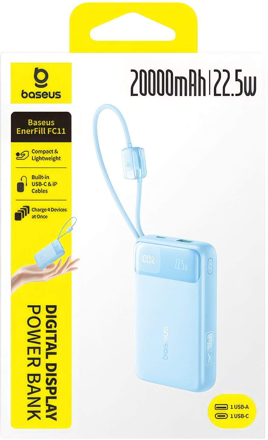 Externí baterie Baseus EnerFill FC11, 20000mAh, 22,5W, QC + PD, 1 x Lightning - 1 x USB-A - 2 x USB-C, modrá E0027S06