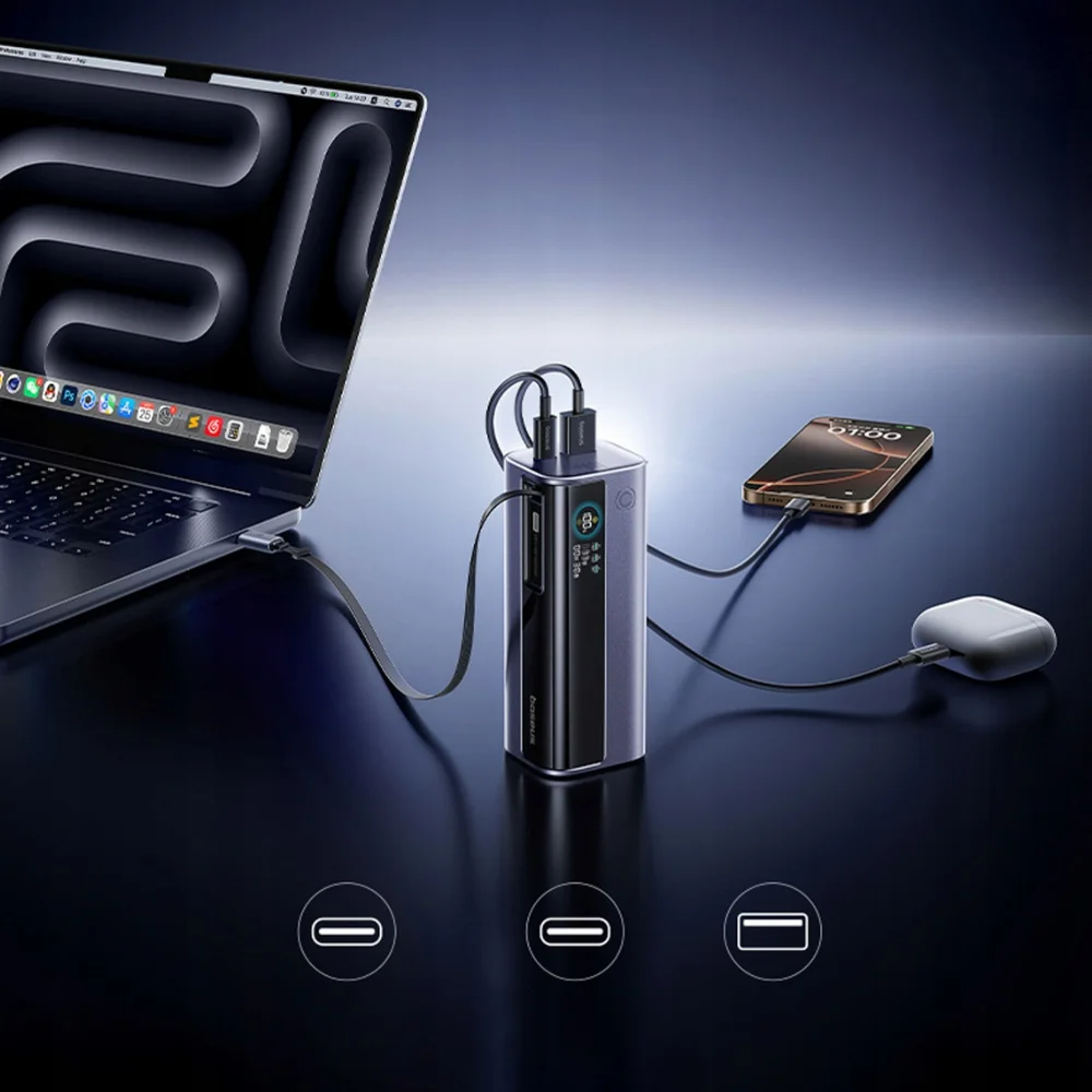 Baseus EnerGeek GR11 External Battery, 10000mAh, 100W, QC + PD, 1 x USB-A - 2 x USB-C, Gray E0027A01