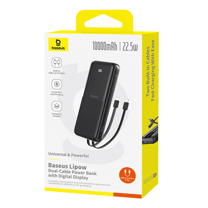 Baseus Lipow External Battery, 10000mAh, 22.5W, QC + PD, 1 x Lightning - 1 x USB-A - 2 x USB-C, Black P10079101123-00