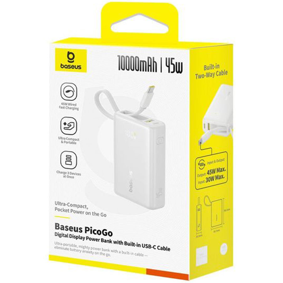 Externí baterie Baseus PicoGo, 10000mAh, 45W, QC + PD, 1 x USB-A - 2 x USB-C, Bílá P10076803213-00