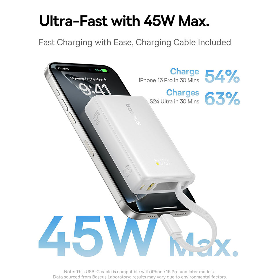 Externí baterie Baseus PicoGo, 10000mAh, 45W, QC + PD, 1 x USB-A - 2 x USB-C, Bílá P10076803213-00