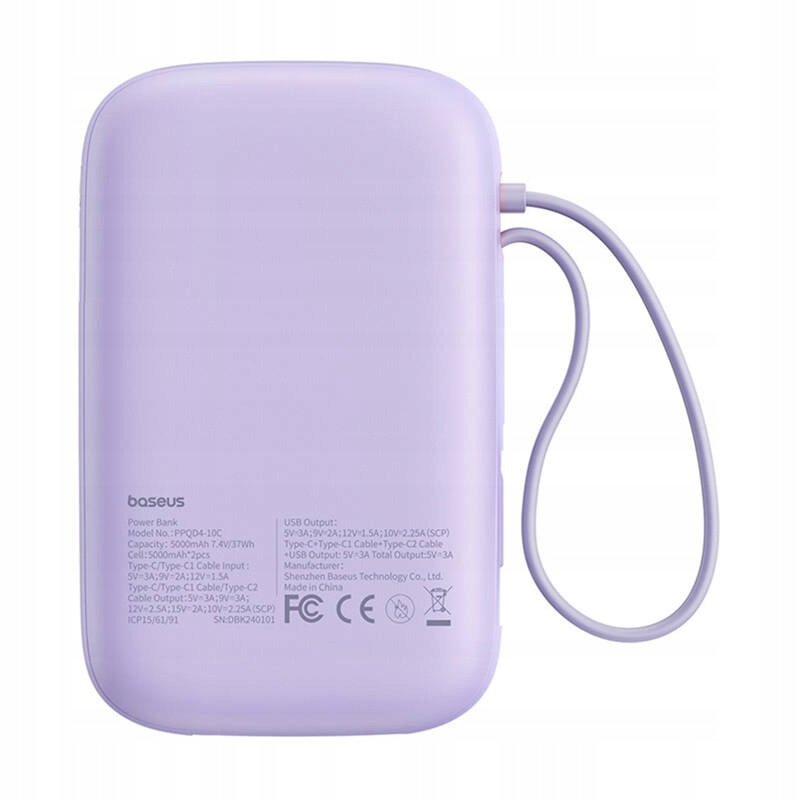 Externí baterie Baseus Qpow2, 10000mAh, 30W, QC + PD, 1 x USB-A - 3 x USB-C, Fialová P10055008513-00