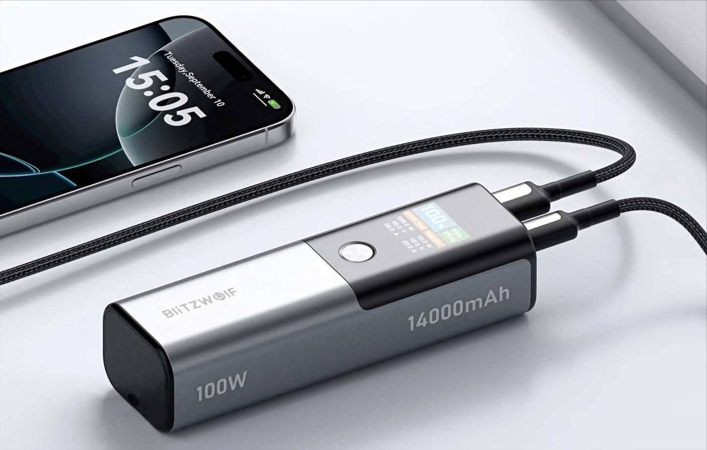 Externí baterie BlitzWolf BW-P23, 14000mAh, 100W, QC + PD, 1 x USB-A - 1 x USB-C, Šedá