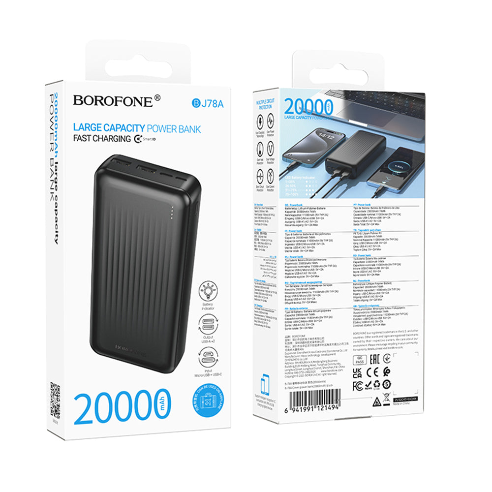 Borofone BJ78A Clever External Battery, 20000mAh, 10W, 2 x USB-A, Black