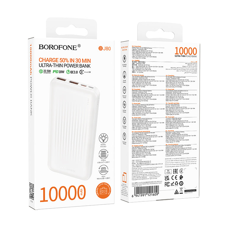Externí baterie Borofone BJ80A Clever, 10000mAh, 22.5W, QC + PD, 1 x USB-C - 2 x USB-A, Bílá