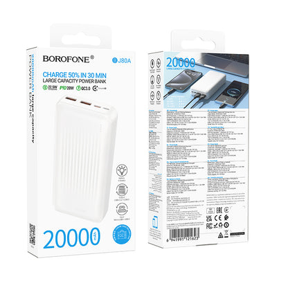 Externí baterie Borofone BJ80A Clever, 20000mAh, 22.5W, QC + PD, 1 x USB-C - 2 x USB-A, Bílá