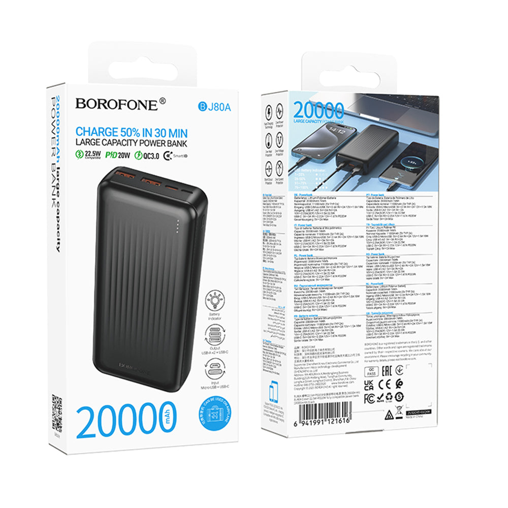 Externí baterie Borofone BJ80A Clever, 20000mAh, 22.5W, QC + PD, 1 x USB-C - 2 x USB-A, Černá