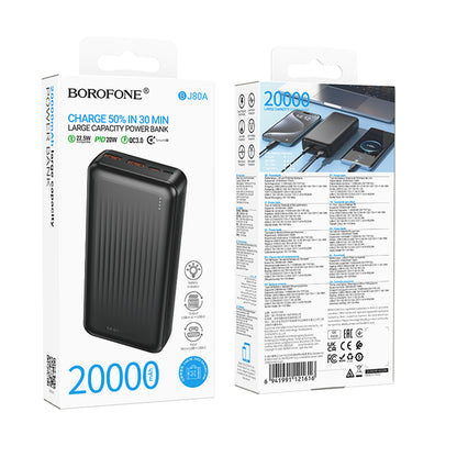Externí baterie Borofone BJ80A Clever, 20000mAh, 22.5W, QC + PD, 1 x USB-C - 2 x USB-A, Černá