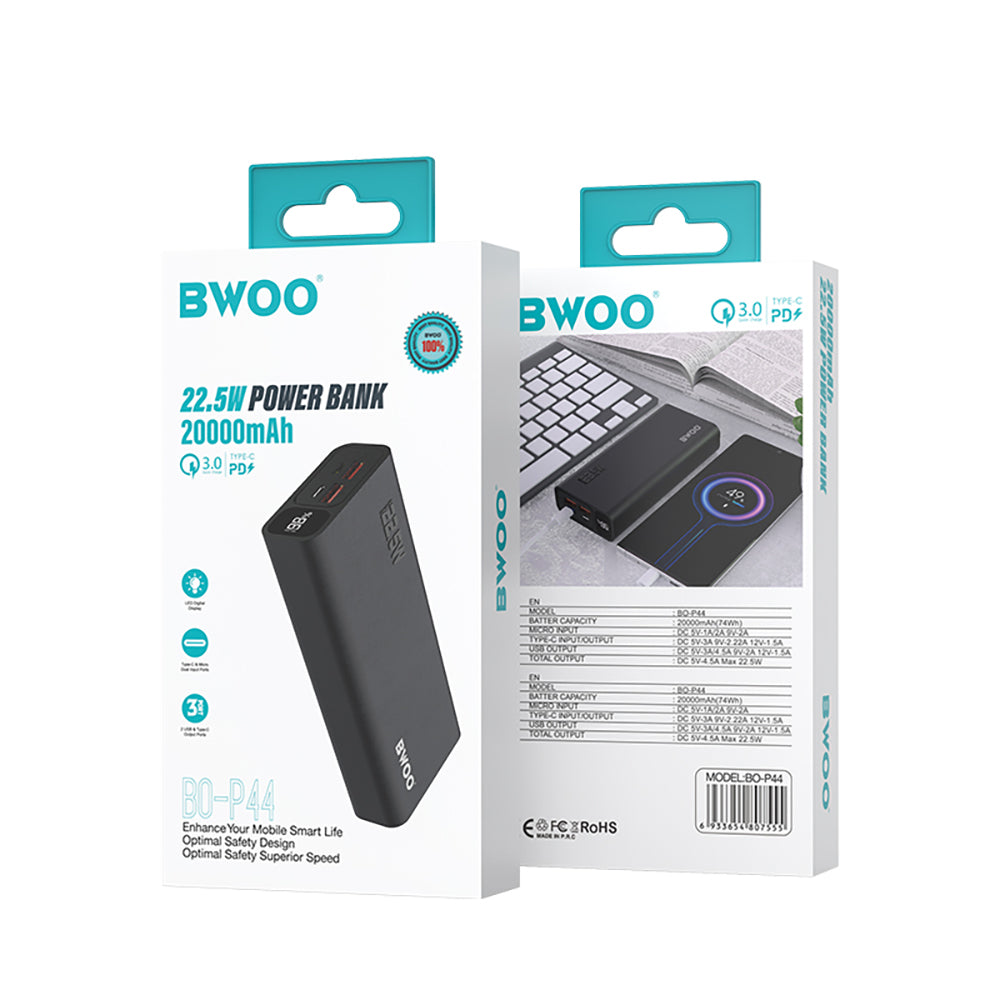 Externí baterie BWOO BO-P44, 20000mAh, 22.5W, QC + PD, 1 x USB-C - 2 x USB-A, Černá