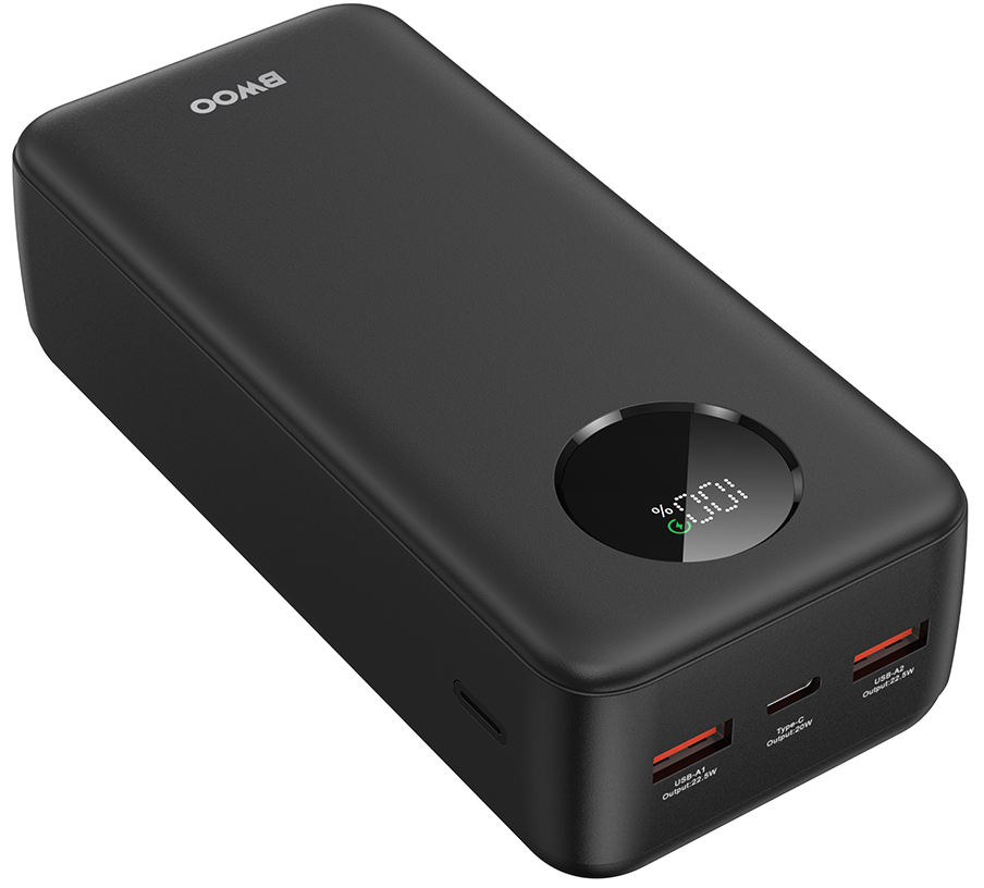 Externí baterie BWOO BO-P64, 30000mAh, 22.5W, QC + PD, 1 x USB-C - 2 x USB-A, Černá